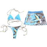 Women Spring Summer Sexy Print Tie Bikini Three-Piece