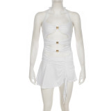 Summer sexy women Holidays metal Patchwork hollow Halter Neck slim short dress
