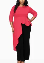 Elegant Chic Plus Size Women's Asymmetrical Top Summer Slim Fit Three-quarter Sleeve T-shirt