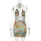Women Butterfly Accessory Printed Summer Halter Neck Bodycon Dress