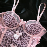 Women Pink Leopard Bodysuit Bow Tie Heart Print Halter Neck