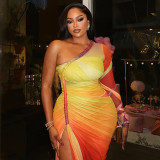 Women's pleated color matching slit slim irregular Slash Shoulder one-shoulder long sleeve fashion dress