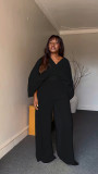 Women Pleated V-Neck Bat Sleeves Shirt and Pants Two Piece Set