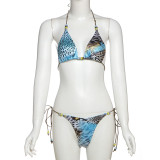 Women Spring Summer Sexy Print Tie Bikini Three-Piece