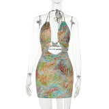 Women Butterfly Accessory Printed Summer Halter Neck Bodycon Dress