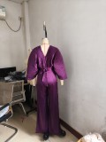 Women Pleated V-Neck Bat Sleeves Shirt and Pants Two Piece Set