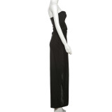 Women's Spring Summer Style Solid Color Sexy Low Back Strapless Hollow Slim Long Dress