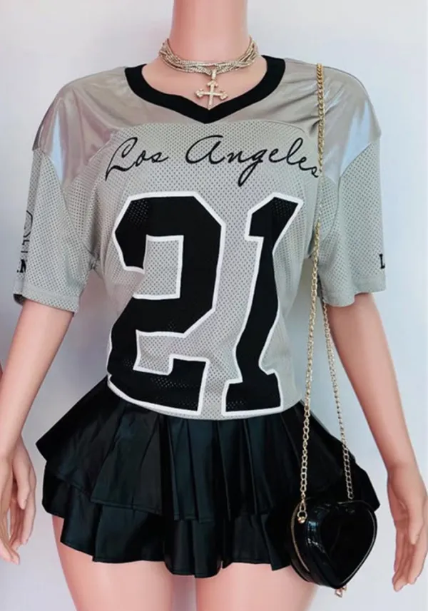 Fashion street print contrast color loose casual short sleeve top v-neck sports t-shirt women's clothing