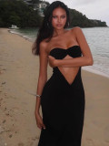 Women's Spring Summer Style Solid Color Sexy Low Back Strapless Hollow Slim Long Dress