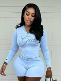 Fashion retro print slim elastic hooded sports style long sleeve top shorts women Two Piece Set
