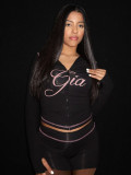 Fashion retro print slim elastic hooded sports style long sleeve top shorts women Two Piece Set