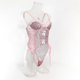 Women Pink Leopard Bodysuit Bow Tie Heart Print Halter Neck