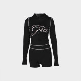 Fashion retro print slim elastic hooded sports style long sleeve top shorts women Two Piece Set