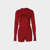 Fashion retro print slim elastic hooded sports style long sleeve top shorts women Two Piece Set