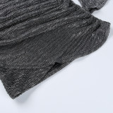 Sexy deep v steel ring pleated long sleeve dress