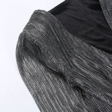 Sexy deep v steel ring pleated long sleeve dress