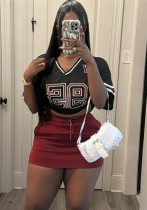Women v-neck Letter print short-sleeved Top and Skirt Two Piece
