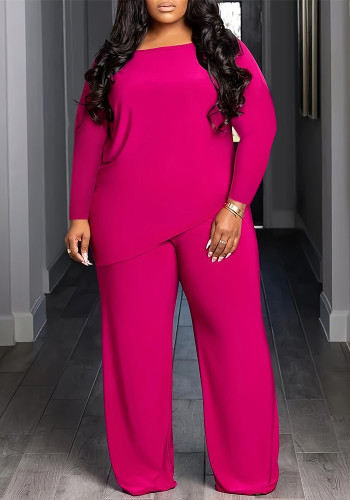 Plus Size Women Career Casual Solid Round Neck Top Pants Two Piece