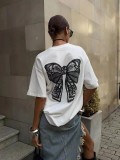 Women Cotton Style Sexy Lace Print Short Sleeve T-Shirt