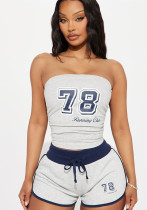 Casual Summer American Print Strapless Top Drawstring Shorts Two Piece Set