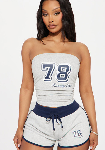 Casual Summer American Print Strapless Top Drawstring Shorts Two Piece Set