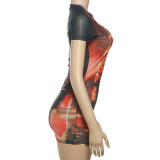 Street Fashion Summer Women's Round Neck Short Sleeve Mesh-Print Bodycon Dress