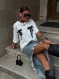 Women Cotton Style Sexy Lace Print Short Sleeve T-Shirt