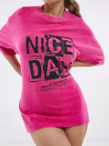 Women Washed and Distressed American Letter Printed Pure Cotton Round Neck Short Sleeve T-Shirt Oversize Top