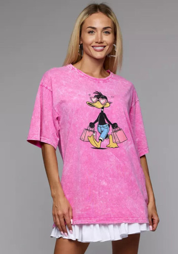 Women American Retro Distressed Washed Summer Short Sleeve Printed T-shirt