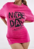 Women Washed and Distressed American Letter Printed Pure Cotton Round Neck Short Sleeve T-Shirt Oversize Top