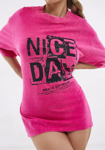 Women Washed and Distressed American Letter Printed Pure Cotton Round Neck Short Sleeve T-Shirt Oversize Top