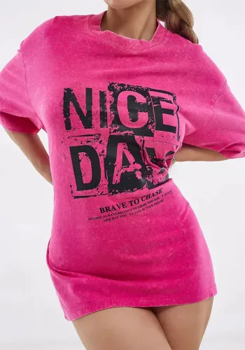 Women Washed and Distressed American Letter Printed Pure Cotton Round Neck Short Sleeve T-Shirt Oversize Top