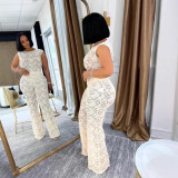 Women Elegant See-Through Lace Top and Pants Two Piece