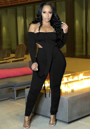 Women Stretch Solid Off-shoulder Long Sleeve Pleated Top and Pant Sexy Two Piece