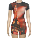 Street Fashion Summer Women's Round Neck Short Sleeve Mesh-Print Bodycon Dress