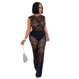 Women Elegant See-Through Lace Top and Pants Two Piece