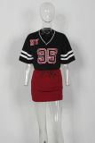 Women v-neck Letter print short-sleeved Top and Skirt Two Piece
