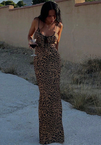 Women suspender sexy backless leopard dress