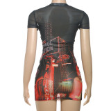 Street Fashion Summer Women's Round Neck Short Sleeve Mesh-Print Bodycon Dress
