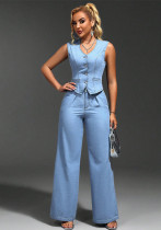 Women Denim V-Neck Sleeveless Top and Pants Two Piece