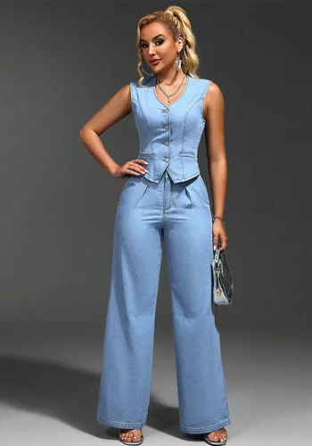 Women Denim V-Neck Sleeveless Top and Pants Two Piece