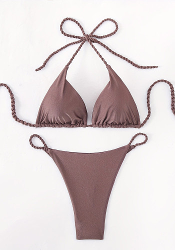 Applique Low-Back Swimsuit Two-Piece Halter Neck Lace-Up Bikini for Women