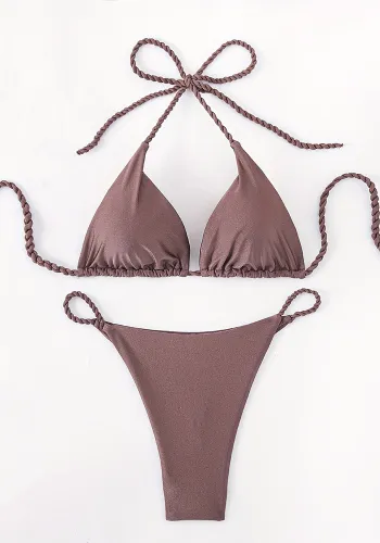 Applique Low-Back Swimsuit Two-Piece Halter Neck Lace-Up Bikini for Women
