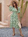 Women Cotton Printed V-Neck Short Sleeve Bohemian Holidays Beach Dress