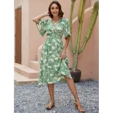 Women Cotton Printed V-Neck Short Sleeve Bohemian Holidays Beach Dress