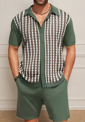 Men's Casual Knitting Short Sleeve Jacquard Polo Top and Shorts Two Piece