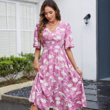 Women Cotton Printed V-Neck Short Sleeve Bohemian Holidays Beach Dress