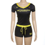 Summer Street Fashion V-Neck Short Sleeve Tight-Fitting Sports Two Piece Shorts Set