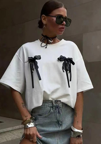 Women Cotton Style Sexy Lace Print Short Sleeve T-Shirt