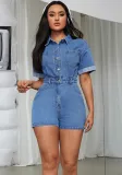 Women Denim Turndown Collar Short Sleeve Jumpsuit